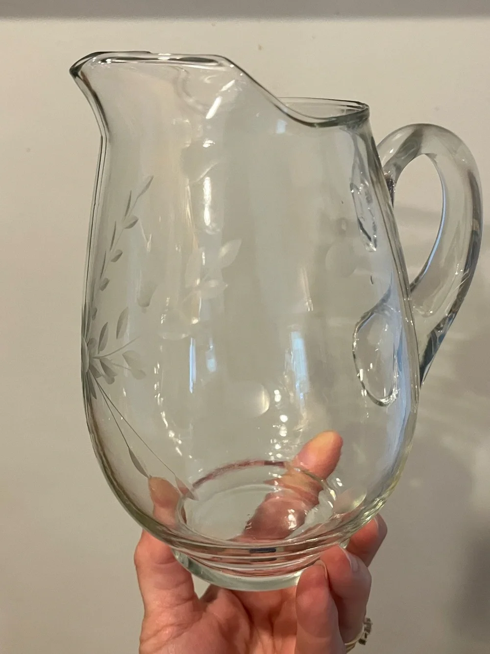 Vintage Clear Glass Pitcher with Delicate Etched Floral and Leaf Motif 4.5 Cup